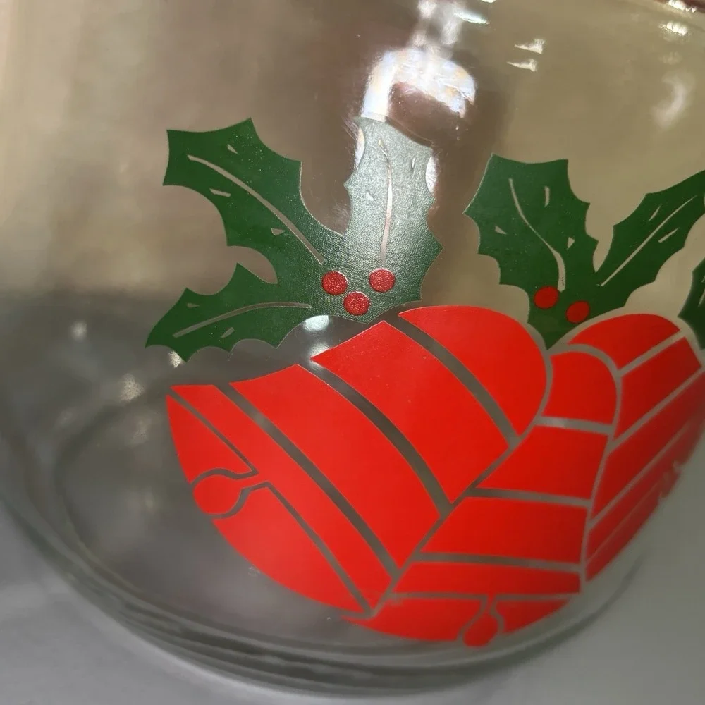 Anchor Hocking Christmas Bells Holly Glass Jar Red Lid Large Holiday Collectible